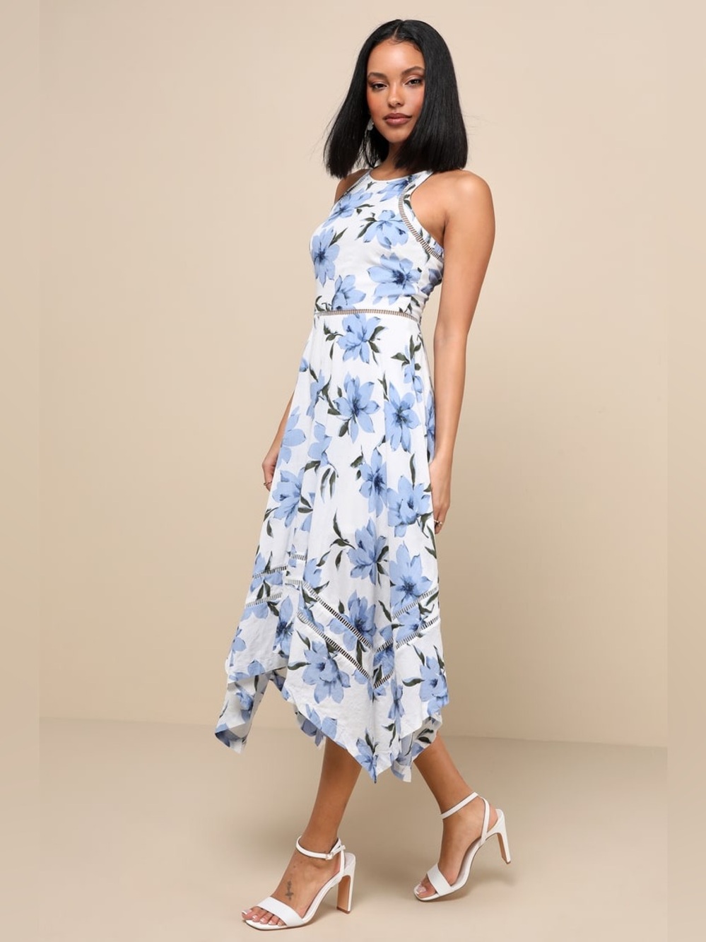 Lulus Zahara Blue and White Floral Print Midi Dress wedding guest event